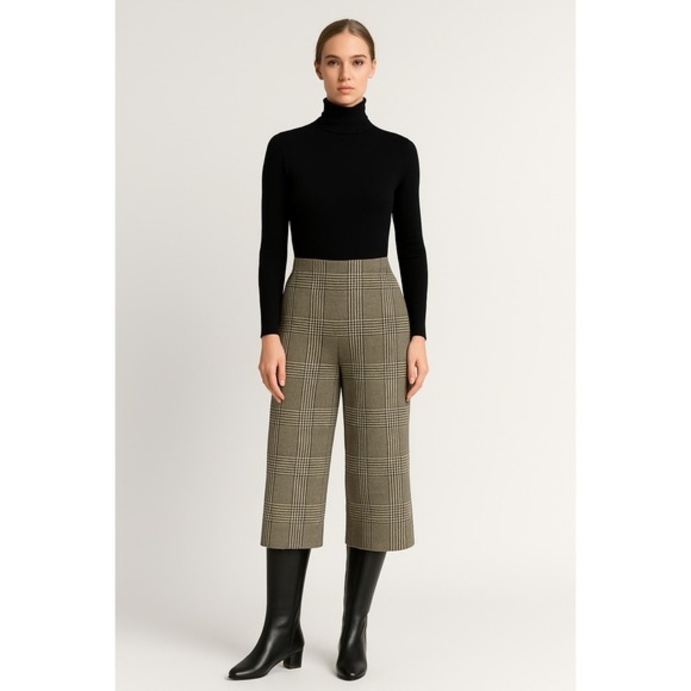 H&M‎ Tan Black Plaid Wide Leg Cropped Pants L Career Academia Preppy Work 69-25